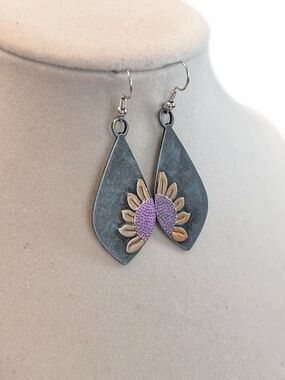 Sunflower Teardrop Earrings Brushed Silver, Purple and Gold